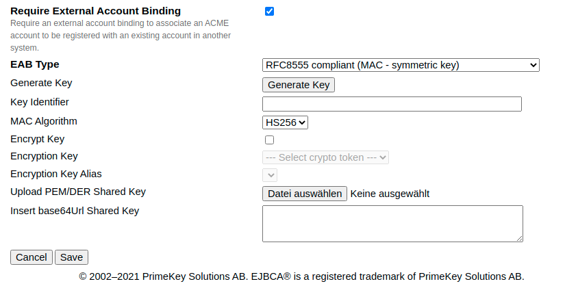 Initial ACME EAB with symmetric key configuration.