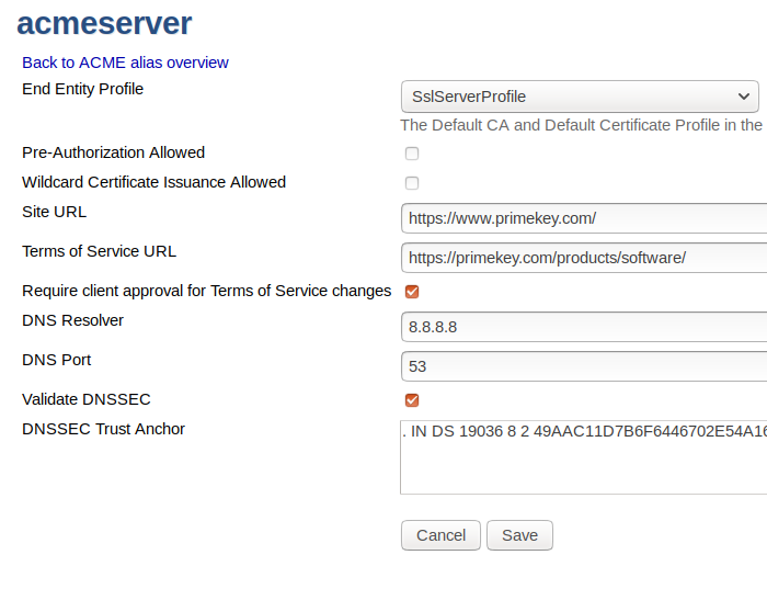 Screenshot of example ACME configuration